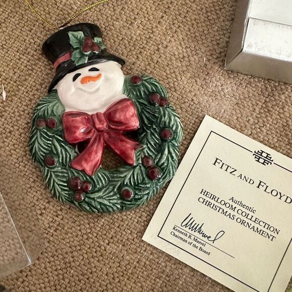 Fitz & Floyd Heirloom Collection Snowman Wreath Christmas Hanging Ornament New - Picture 3 of 5